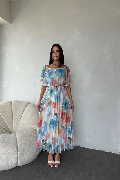 LİLA İSTANBUL Square Neck Pleated Chiffon Floral Print Summer Dress