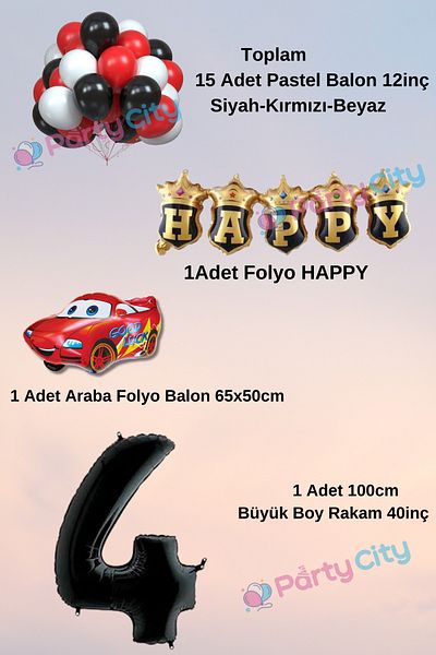 Party City 4 Year Old Car Themed Birthday Party Celebration Balloon Set with Happy Foil Balloons
