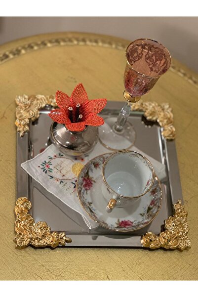 farklı evim 6'Lı Lüx 4 köşesi Gold Çiçekli kare Gümüş Kaplama çay, kahve Sunum Tepsisi 21x21