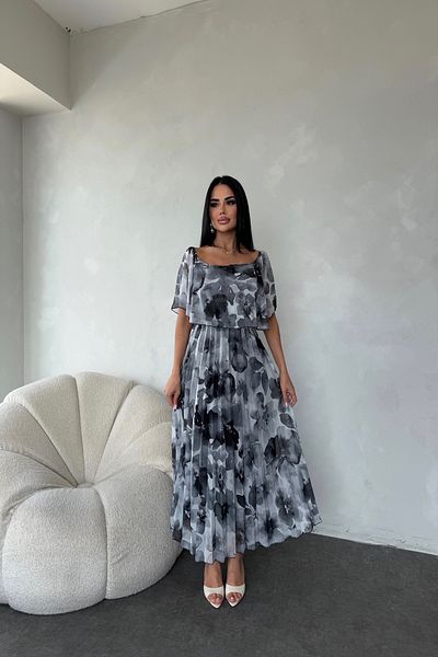 LİLA İSTANBUL Square Neck Pleated Chiffon Floral Print Summer Dress