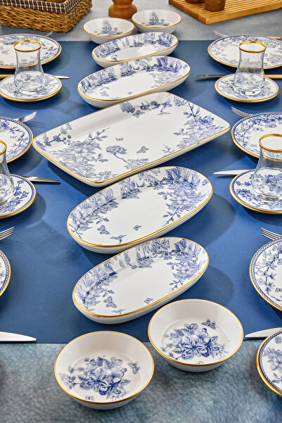 Mabeyn 27 Parça Çay Bardaklı Seramik Kahvaltılık Pasta Servis Takımı Seti Mavi