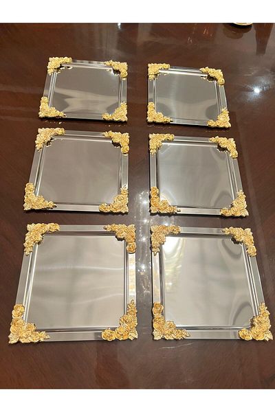 farklı evim 6*Luxury Silver Plated Tea-Coffee Presentation Tray, 4 Corners Square with Golden Flower