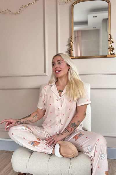 Pijamaevi Light Powder Bear Patterned Short Sleeve Front Buttoned Women's Pajama Set