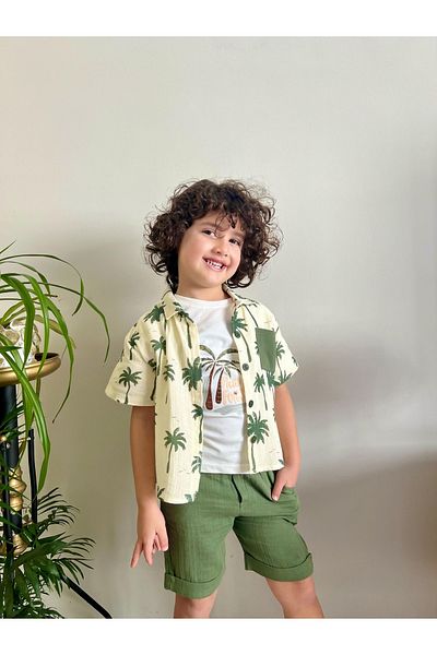 ALPİDS Palm Printed Muslin 3 Piece Men's Suit
