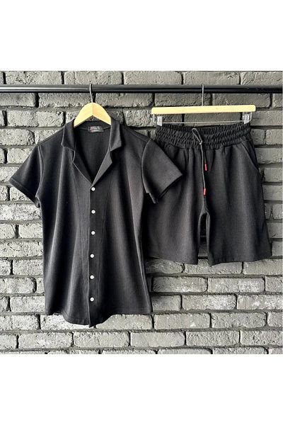TEXTURA New Season Men's Relaxed Fit Loose Black Shirt & Shorts Set Double Combination Set