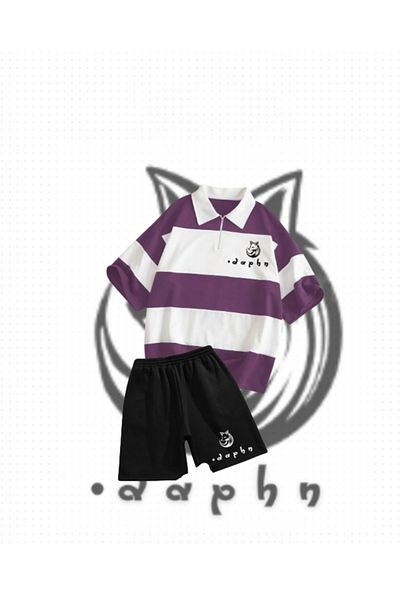 TEXTURA Striped Oversize Polo Neck Purple Daphn Fox Printed T-Shirt Shorts (Black) Set of 2