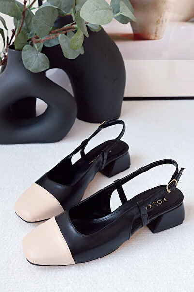 POLKA STORE Balance Mascaret Detailed Open Back Square Toe Helmet Women's Mary Jane Short Block Heeled Shoes