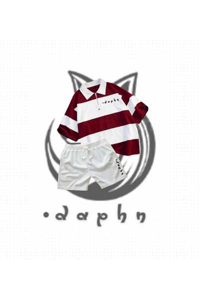 TEXTURA Striped Oversize Polo Neck Collar Zippered Claret Red Daphn Printed T-Shirt Shorts Set of 2