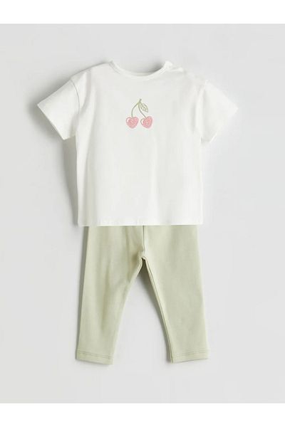 LC Waikiki Lcw Baby Ecru Cherry Printed Baby Girl T-Shirt and Leggings 2-Pack
