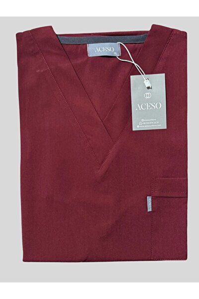 ACESO Bordo Likralı Doktor Hemşire Forması Unisex Scrubs Cerrahi Takım