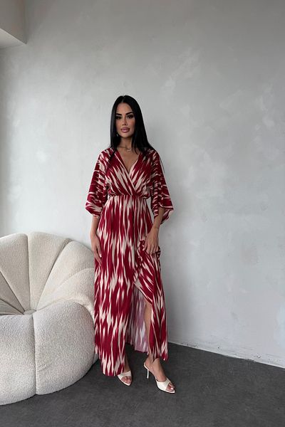 LİLA İSTANBUL Double-breasted collar viscose fabric ethnic patterned slit detailed summer dress
