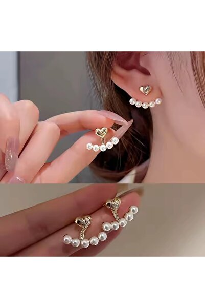 toptanhanem İnci ve Kalp Detaylı Altın Kaplama Çelik Küpe - Minimalist Tasarım