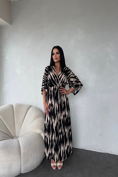 LİLA İSTANBUL Double-breasted collar viscose fabric ethnic patterned slit detailed summer dress