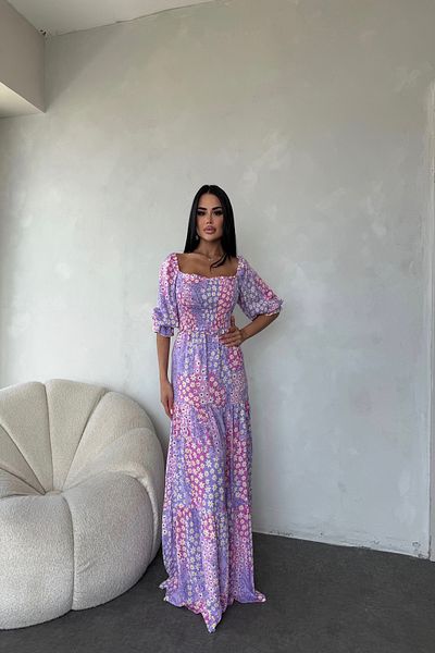 LİLA İSTANBUL Square Neck Gimped Floral Patterned Watermelon Sleeve Summer Dress
