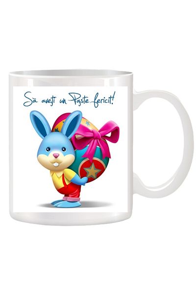 OEM Cana albă personalizată de Paște cu imagine iepuraș și ou colorat, INOVATIX. 330 ml