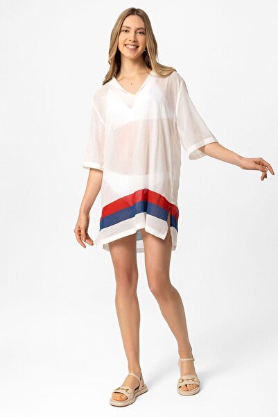 Deriderim Rochie de plajă cu glugă din pânză albă cu dungi roșii și albastre