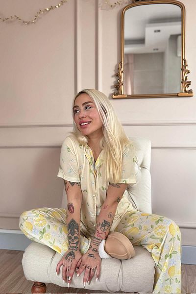 Pijamaevi Lemon Patterned Short Sleeve Front Buttoned Women's Pajama Set