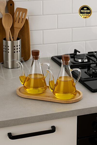 NEWNOW Chef 2 li 500 ml Borosilikat Cam Yağdanlık Yağlık Sirkelik, Bambu Altl...