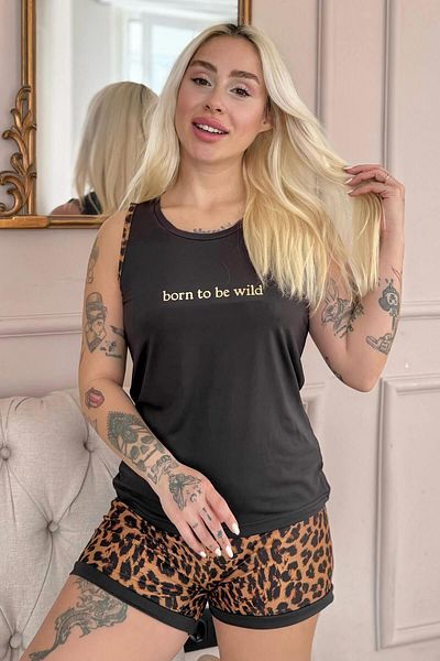 Pijamaevi Black Born to Be Wild Leopard Patterned Zero Sleeve Shorts Knitted Women's Pajama Set