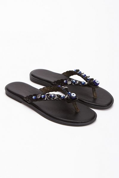 MİSS AMORE Papuci de subsol din piele naturală Mitis, negru, gata de purtat, cu talpă confortabilă, tricotată manual, cu mărgele de ochi rău