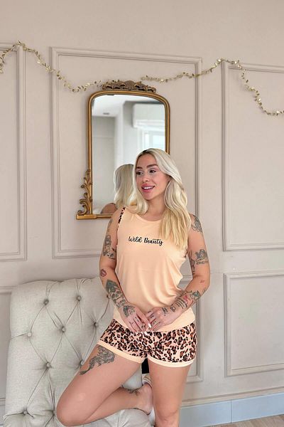 Pijamaevi Karamel Wild Beauty Patterned Women's Knitted Pajamas Set with Zero Sleeve Shorts