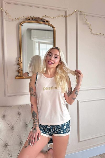 Pijamaevi Beige Passion Patterned Women's Knitted Pajama Set with Zero Sleeve Shorts