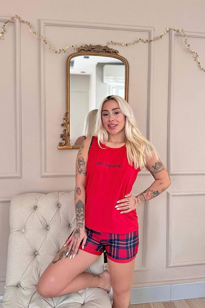 Pijamaevi Red See the Good Patterned Zero Sleeve Shorts Knitted Women's Pajamas Set