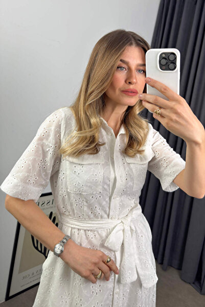 Sue Store Beyaz Kısa Kollu Astarlı Kuşaklı Cepli Fisto Gömlek Elbise