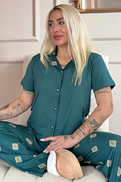 Pijamaevi Emerald Mosaic Exclusive Front Buttoned Women's Pajama Set