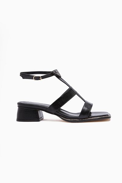 Limoya Shara Black Stone Detailed Short Heeled Women's Sandals