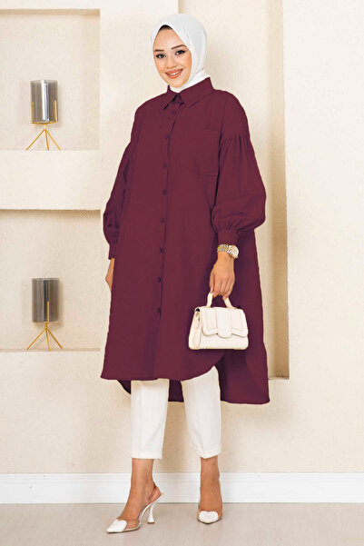 EBRUTESETTÜR Oval Kesim Tesettür Gömlek Tunik Bordo
