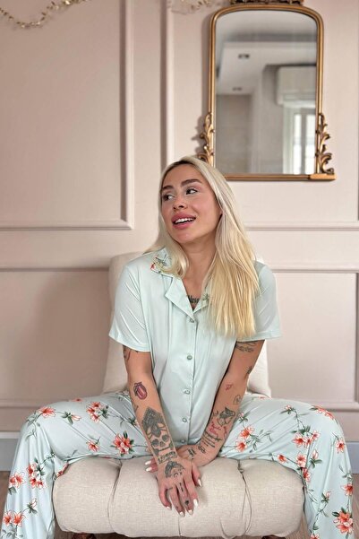 Pijamaevi Mint Floral Breeze Exclusive Önden Düğmeli Kadın Pijama Takımı