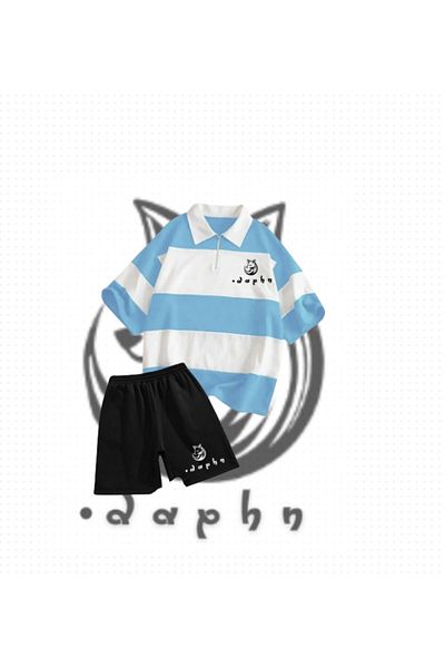 TEXTURA Striped Oversize Polo Neck Baby Blue Daphn Fox Daphn Printed T-Shirt Shorts (Black) Set of 2