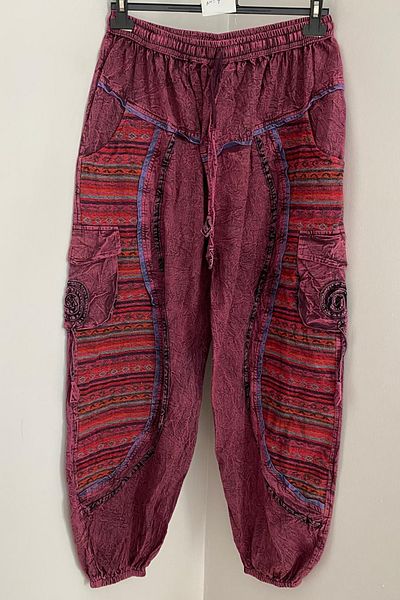 AYASOFYA OTANTIK Unisex Nepalese Burgundy Authentic Ethnic Loose Hippie Bohemian Trousers with Elastic Waist and Legs Cargo Pockets