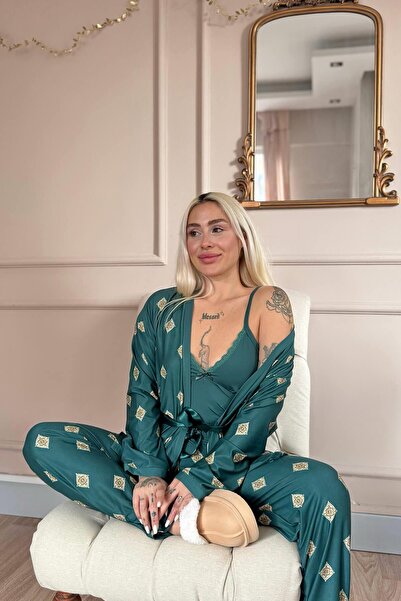 Pijamaevi Zümrüt Mozaik Exclusive Örme Sabahlıklı Kadın Pijama Takım