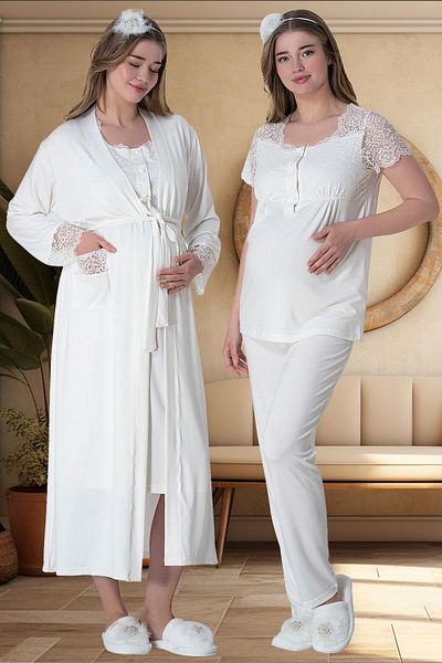 Mecit Pijama Σετ Πιτζάμες Νυχτικό εγκυμοσύνης Ekru Mecit 6065 με μακρύ Peignoir