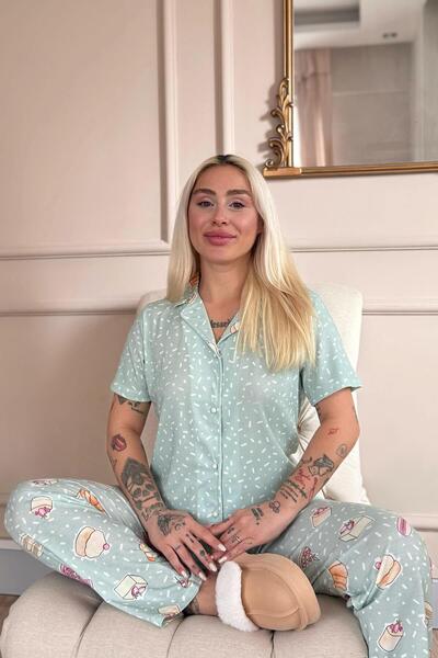 Pijamaevi Σετ γυναικεία πιτζάμα με κοντό μανίκι με μοτίβο μακρονικής μέντας