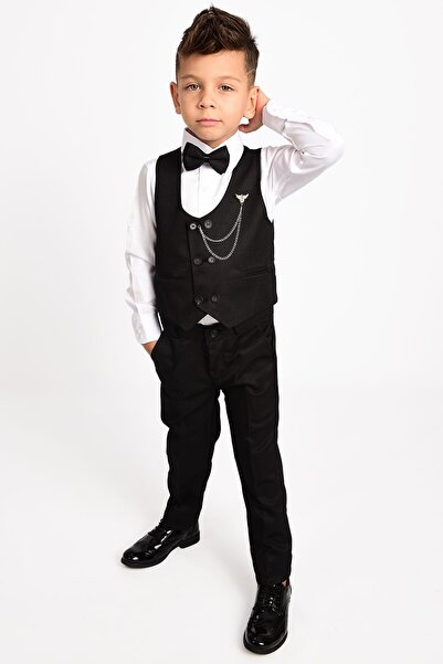 Merdia Kids Erkek Çocuk Smokin Takım Elbise 6 Düğmeli Yelekli Papyonlu Zincirli