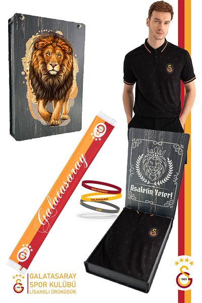 Galatasaray Γνήσιο σετ μπλουζάκι πόλο με άδεια χρήσης με βραχιολάκι και κασκόλ σε ξύλινο κουτί