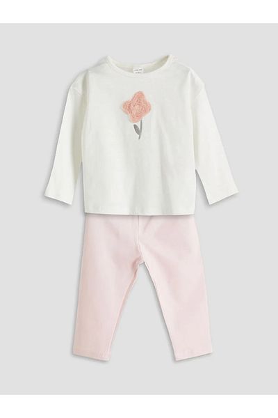 LC Waikiki Lcw Baby Beige Floral Appliqued Baby Girl Blouse and Leggings 2-Piece