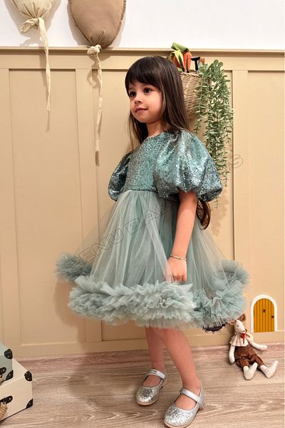 penu baby kids Rochie de seara fetita fetita cu maneca balon cu paiete verzi cu fusta din tul granulat - Terra