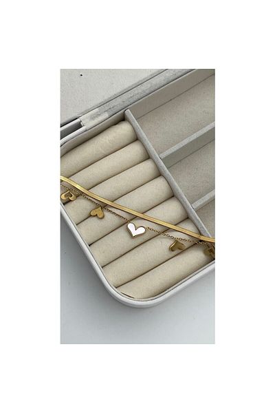 ParlaTakıAksesuar Gold Colored Steel Mother of Pearl Stone Double Heart Anklet