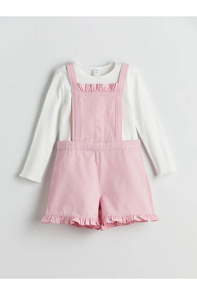 LC Waikiki Lcw Kids Pink Square Neck Girls T-Shirt and Overalls 2-Pack