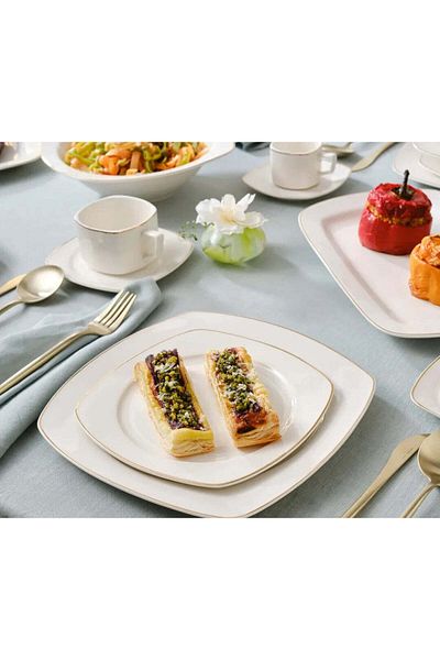 Karaca Karaca Timeless 59-teiliges Porzellan Halb-Quadratisches Dinner-Set für 12 Personen, Gold