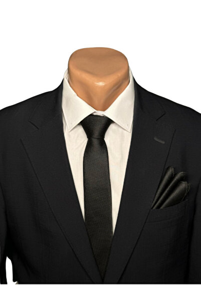 HARES Black Eyelet Handmade Woven Tie & Handkerchief