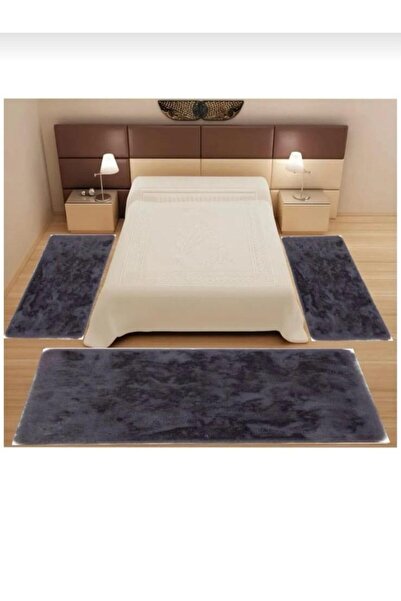 AKSU Modern peluş 3lü antrasit saçaklı yatak odası takımı yıkanabilir antibak...