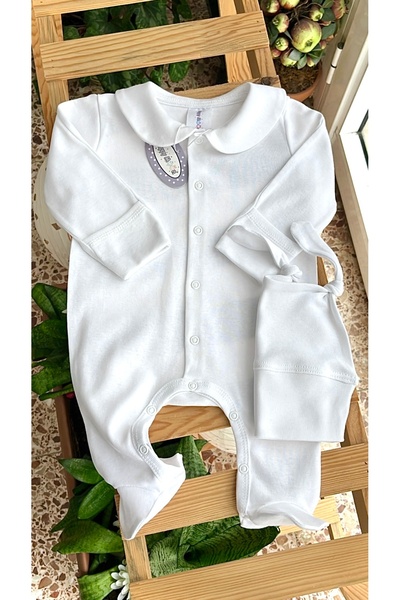 Happy Moon Bebek giyim yenidoğan düz beyaz tulum takım şapka %100 pamuk 0-2 a...
