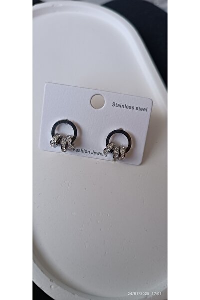 ARİ TAKI Mini Stone Detailed Steel Earrings Silver