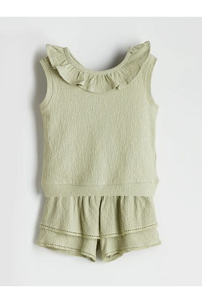LC Waikiki Lcw Kids Green Ruffled Collar Girls Blouse and Shorts 2-Piece