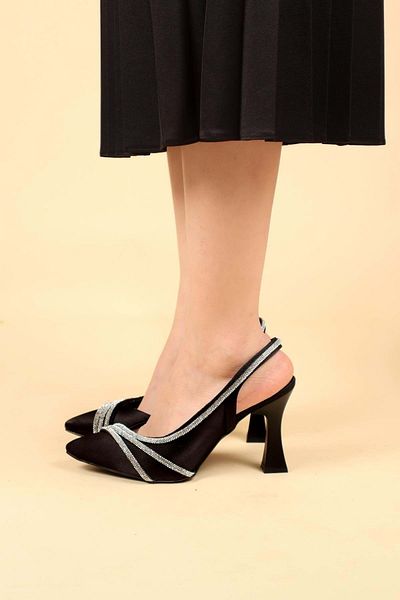 KCMN Feles Three Stripe Stone Detailed 6 cm Heeled Open Back Women's Classic Shoes BLACK